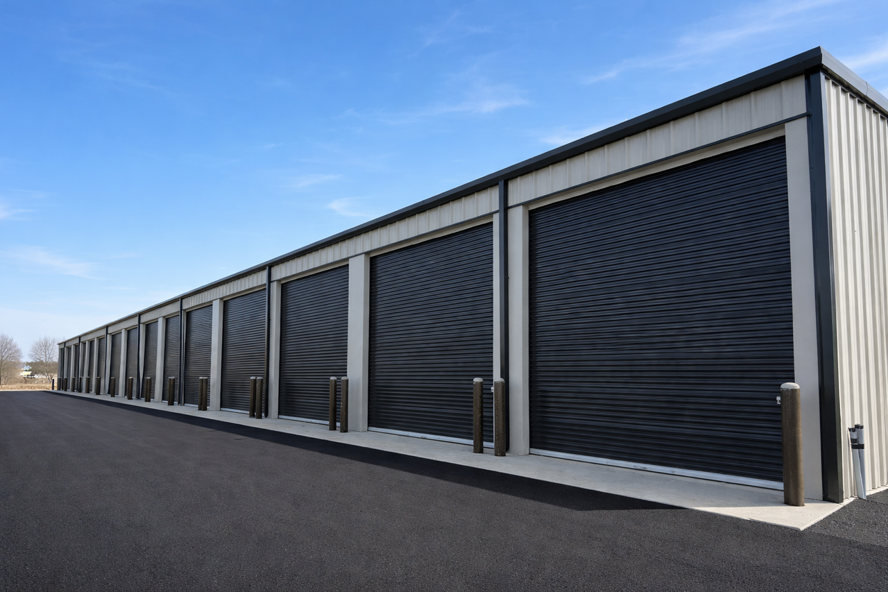 Row of large drive-up self storage units at 62 Storage in Charlestown, Indiana